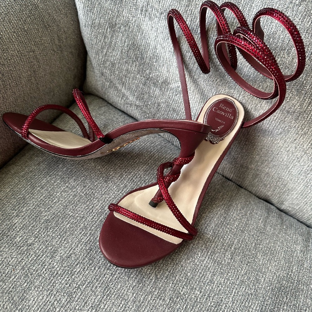 Rene Caovilla Burgundy Red Strappy Crystal Wrap Sandals